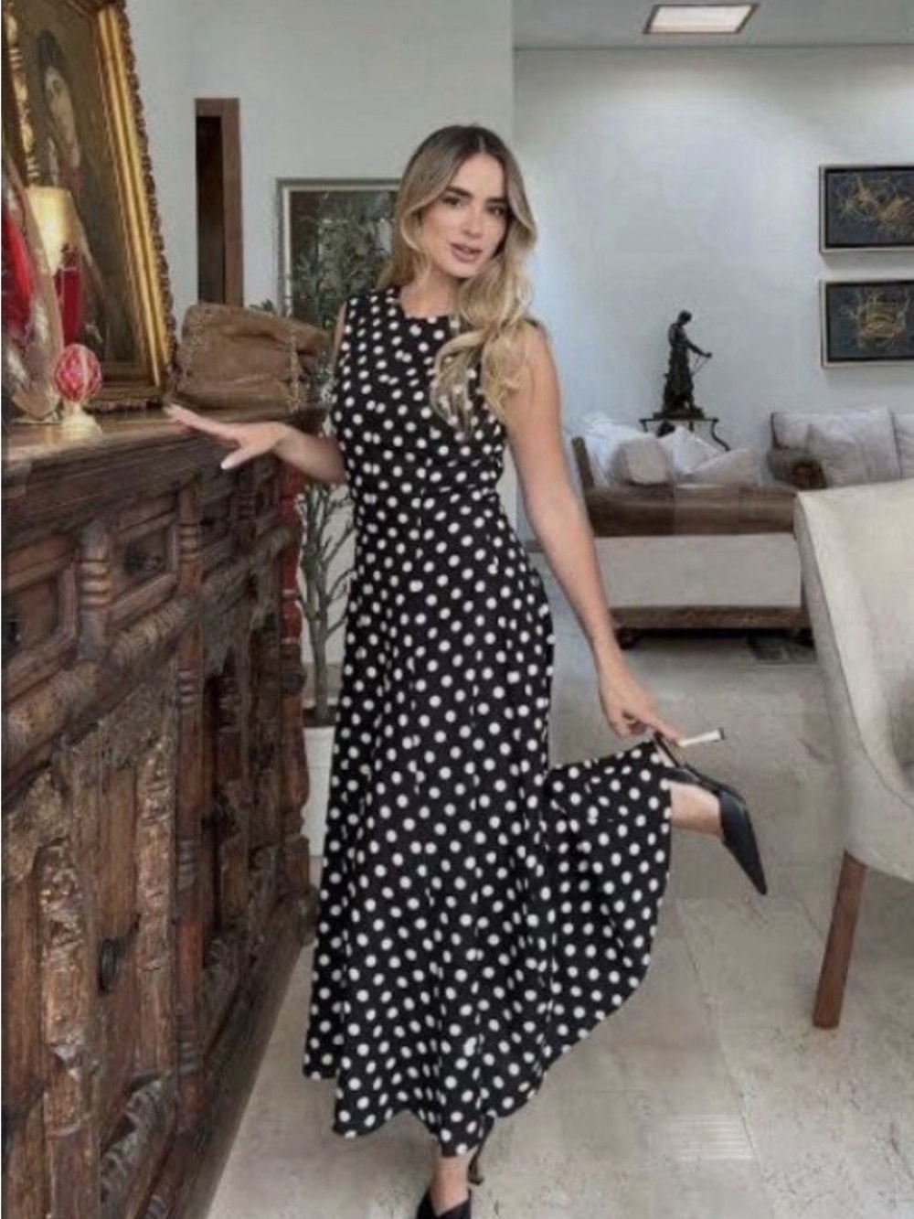 NWT. Zara ZW Collection Black/White Polka Dot Sleeveless Midi Dress. Size M. - Picture 3 of 11